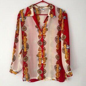 90s vintage red baroque nautical print collared sheer button up blouse shirt